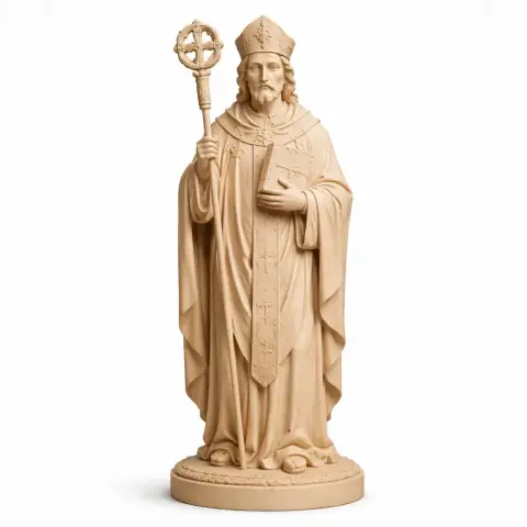 A bearded bishop statue holding a staff, wearing ceremonial robes and mitre, standing on a round base.