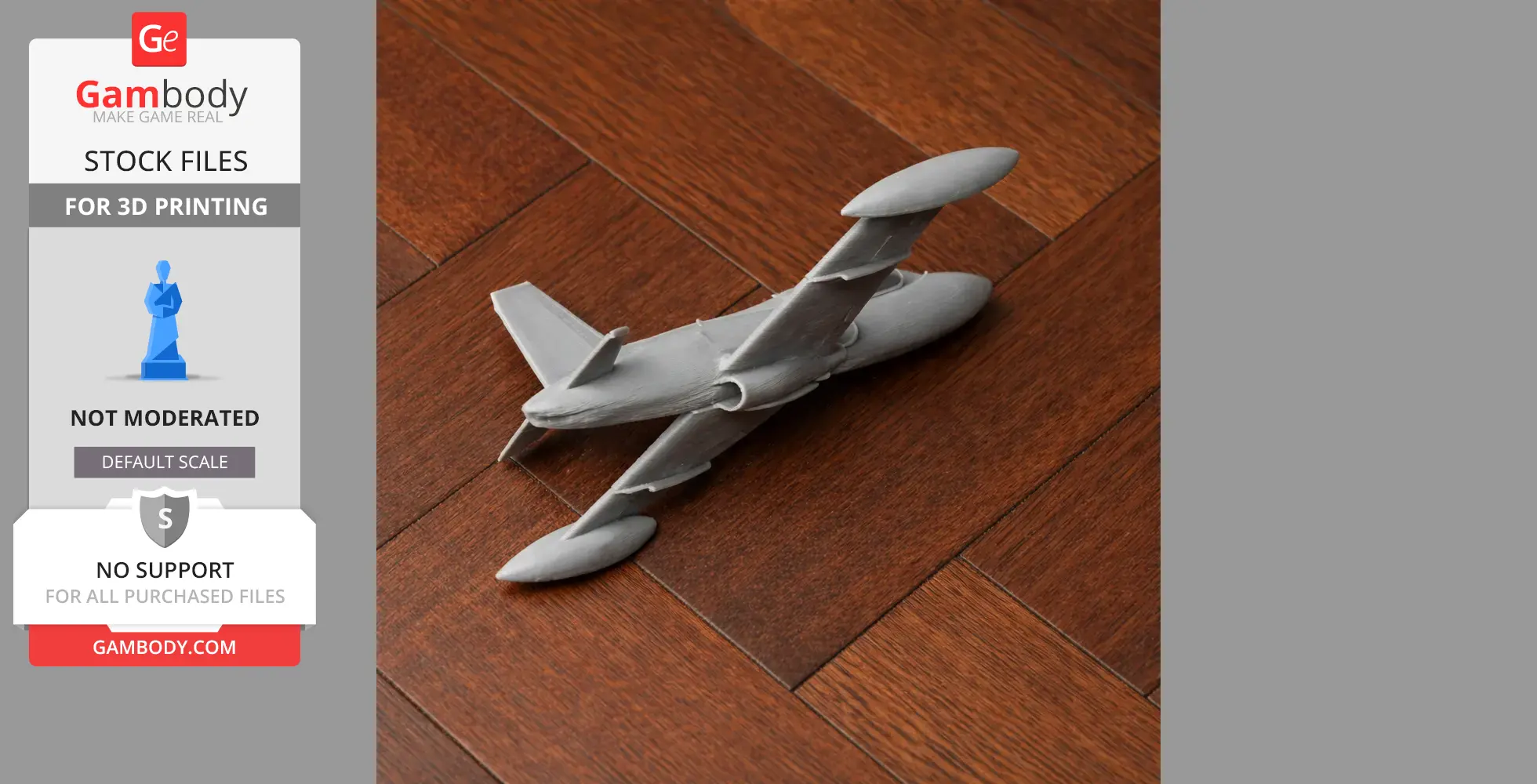 Gray 3D-printed model of an Aermacchi MB-326 jet on wooden floor.