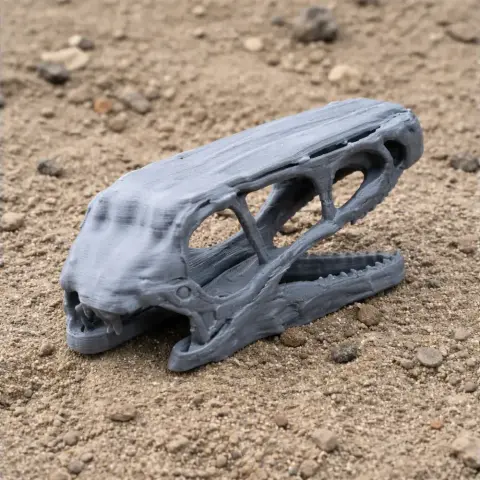 Gray 3D-printed dinosaur skull model on a gravel surface.