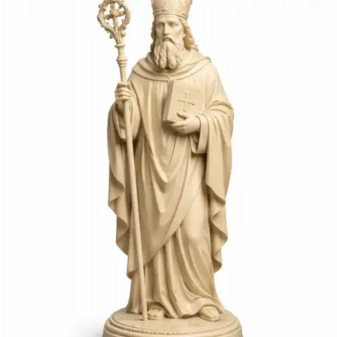 A 3D model of a robed, bearded saint holding a staff and book, wearing a crown.