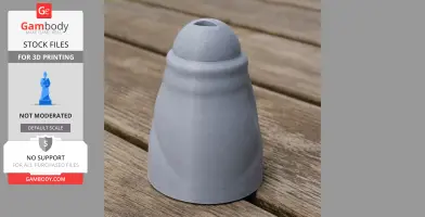 A gray, smooth, conical 3D printed object with a rounded top and an opening, resembling a finch head.