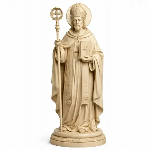 A detailed 3D statue of a religious figure holding a staff and book, wearing a mitre and robe.