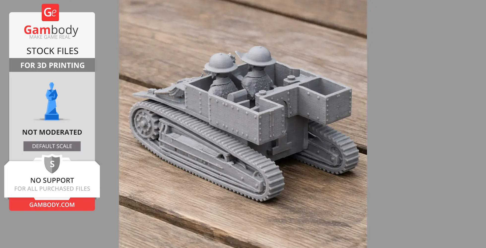 3D printed Carden Loyd tankette model on a wooden surface, featuring detailed tracks and soldiers.