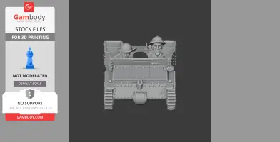 3D print model of Carden Loyd tankette with two helmeted figures in open-top front view.