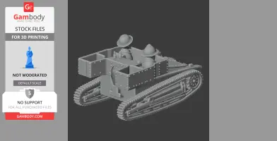 3D model of a Carden Loyd tankette with two figures, featuring tracks and an open-top design.