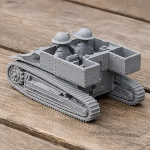 3D printed Carden Loyd tankette model with two figures and detailed tracks on a wooden surface.