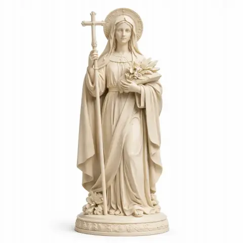 A devotional statue of Saint Aldegund holding a cross and flowers, dressed in flowing robes.