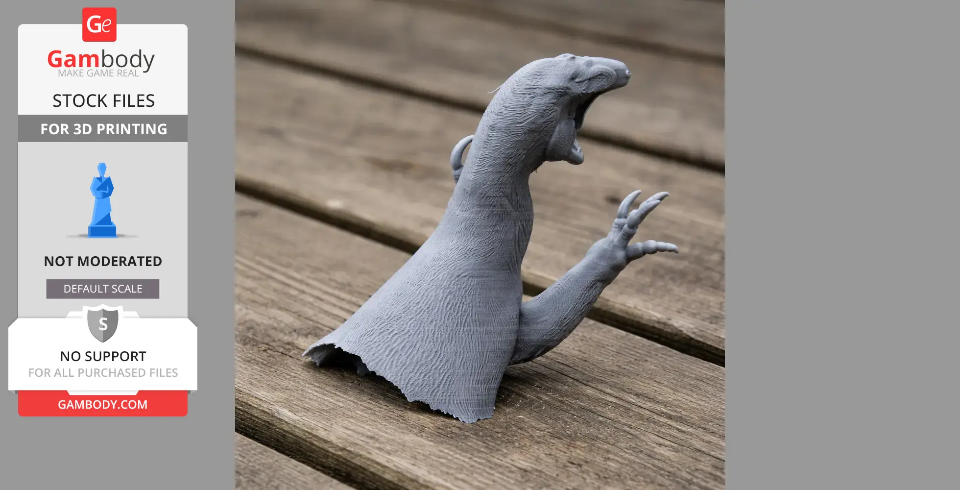 3D printed Australovenator model with detailed texture and open mouth, shown on wooden surface.