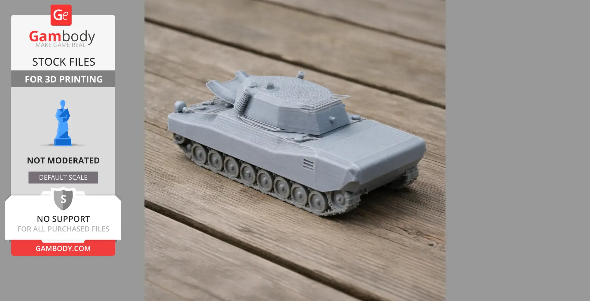 Gray 3D-printed model of a CCV-L light tank on a wooden surface.