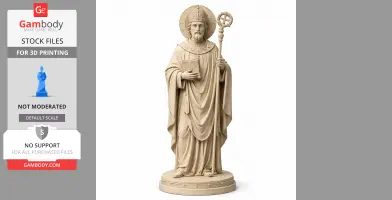 A detailed statue of a saint holding a staff and book, wearing robes and a bishop's mitre.