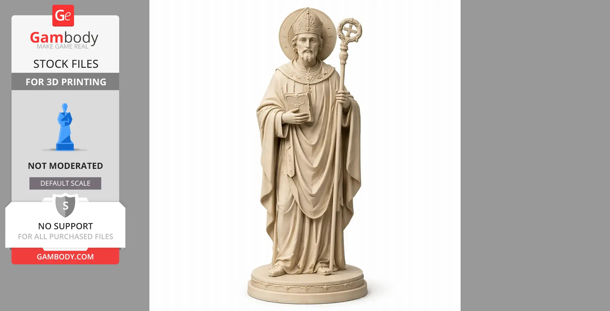 A detailed statue of a saint holding a staff and book, wearing robes and a bishop's mitre.