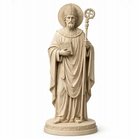 A devotional statue of Saint Aldhelm holding a staff and book, draped in robes, standing on a round base.