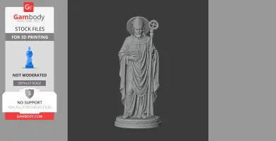 A 3D print model of a robed figure with a halo and staff, standing on a circular base.