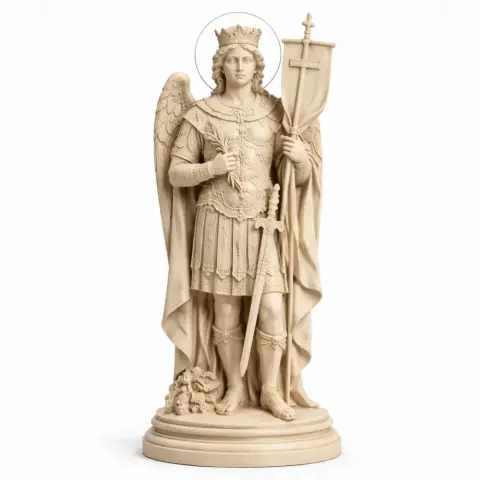 A detailed statue of a winged saint with a crown, holding a cross-topped staff and a sword, standing on a pedestal.