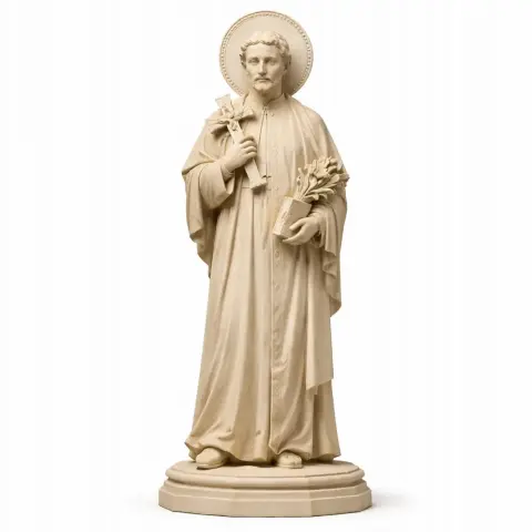 A detailed 3D printable statue of a saint holding flowers, with a halo and robe, standing on a round base.