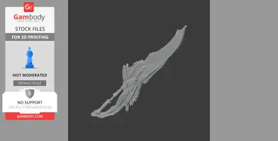 A jagged, curved fantasy sword with intricate details, designed as a cosplay prop for 3D printing.