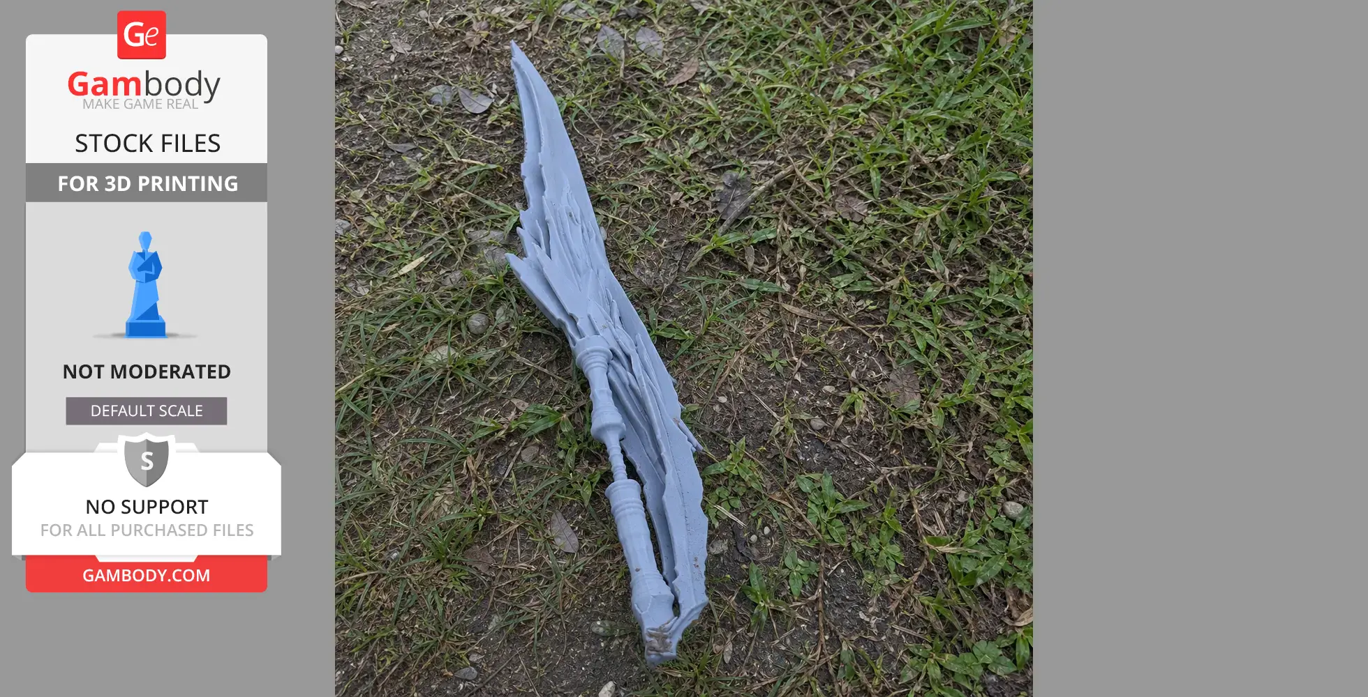 A detailed 3D-printed fantasy blade prop lying on grass.