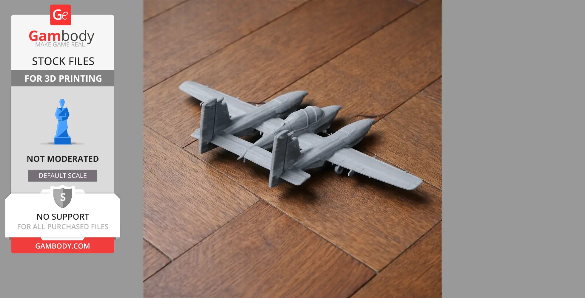 Gray 3D-printed model airplane with twin tail fins on wooden surface.
