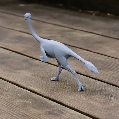 3D model of Avimimus dinosaur walking, with a long neck and tail, on a wooden surface.