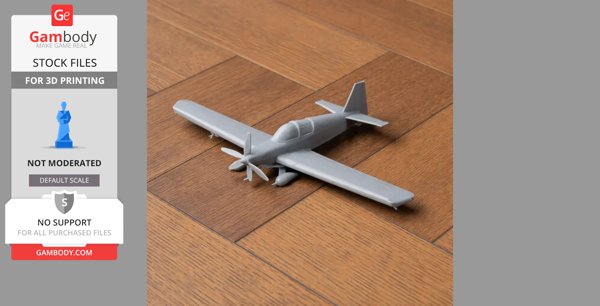 A 3D-printed model of a small aircraft with a propeller, displayed on a wooden surface.