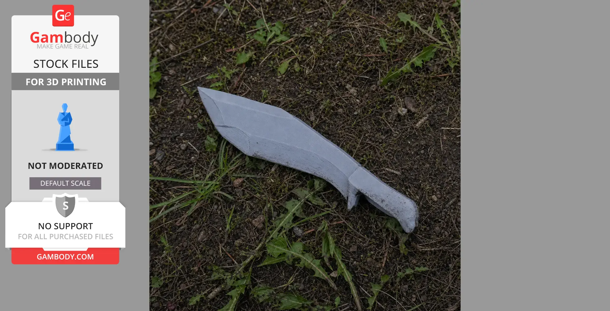 A 3D-printed kukri prop from Cyberpunk 2077 lies on grass-strewn soil.