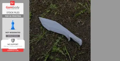 A 3D-printed kukri prop from Cyberpunk 2077 lies on grass-strewn soil.
