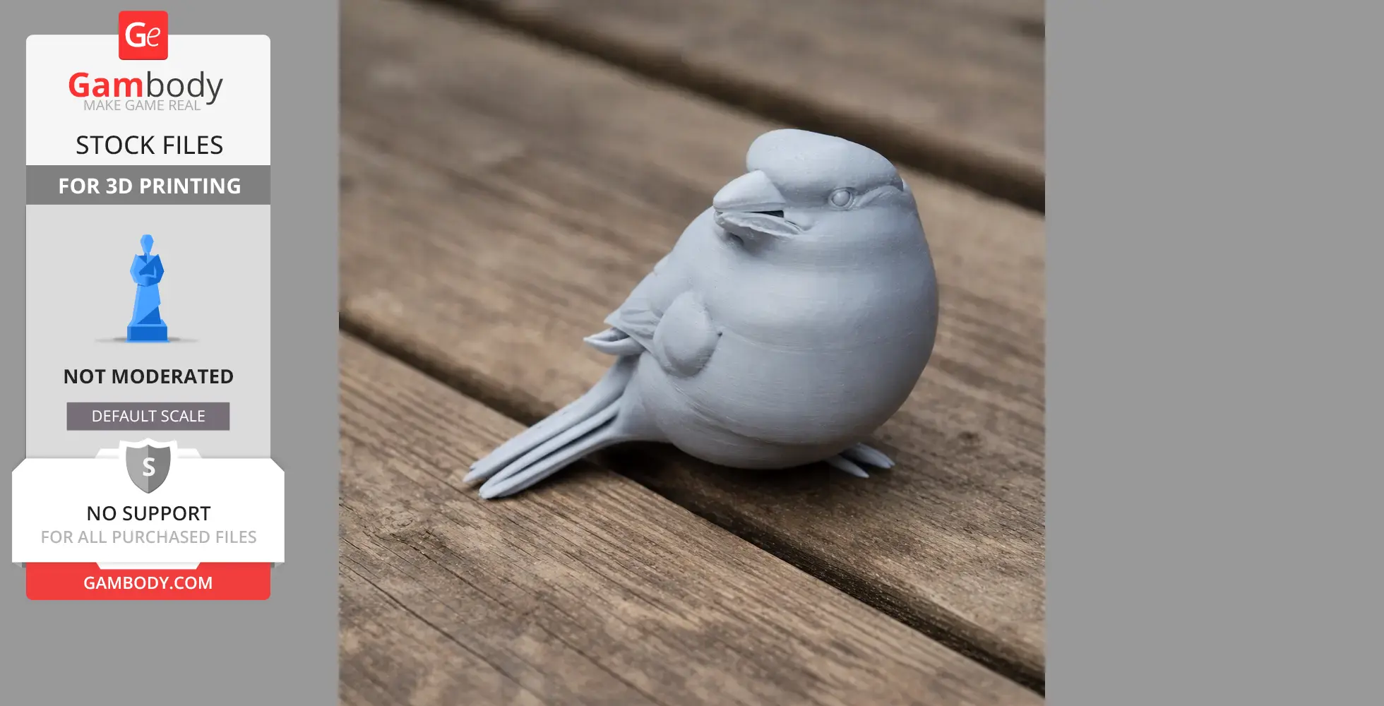 3D printed Azores bullfinch model, smooth surface, sitting on a wooden surface.