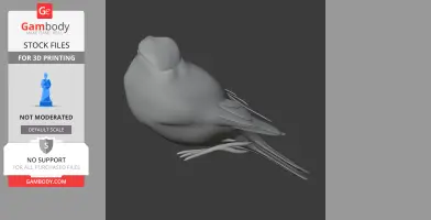 A 3D model of a bird, resembling a bullfinch, with detailed wings and tail, set against a dark background.