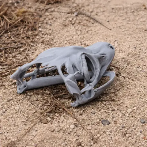 3D-printed model of a Satanic Leaf-tailed Gecko skull on sandy ground.