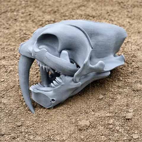 3D-printed Sauraechinodon skull replica with sharp fangs, displayed on a sandy surface.