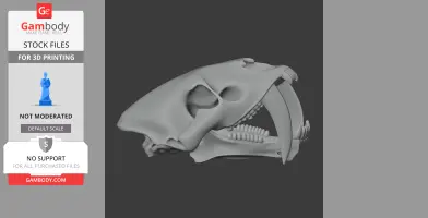 3D model of a Saurechinodon skull with prominent teeth, viewed from the side, for printing.