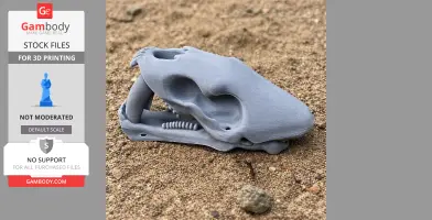A gray 3D-printed Saurechinodon skull replica rests on a sandy surface.