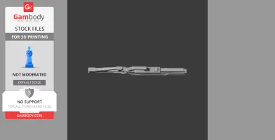 Futuristic, sleek rifle design for 3D printing; side view in gray with intricate details.