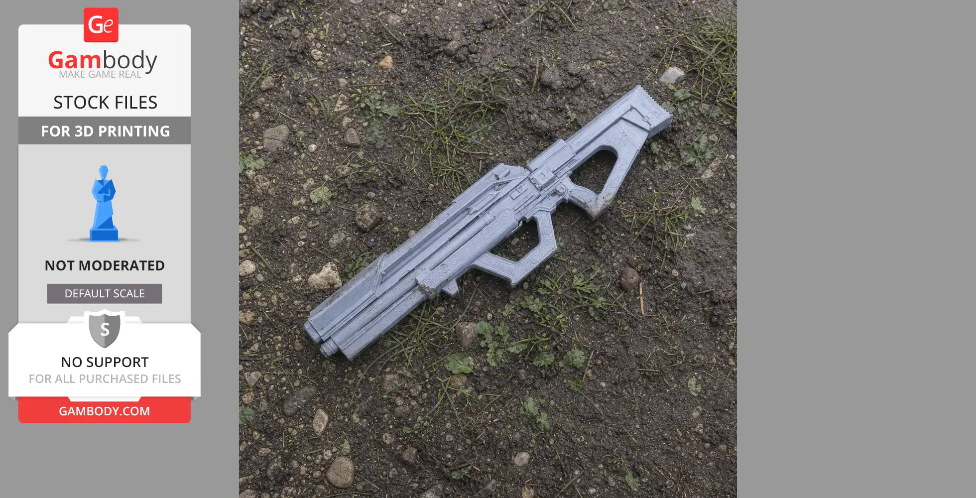 A gray 3D-printed futuristic weapon prop lies on earthy ground with sparse grass.