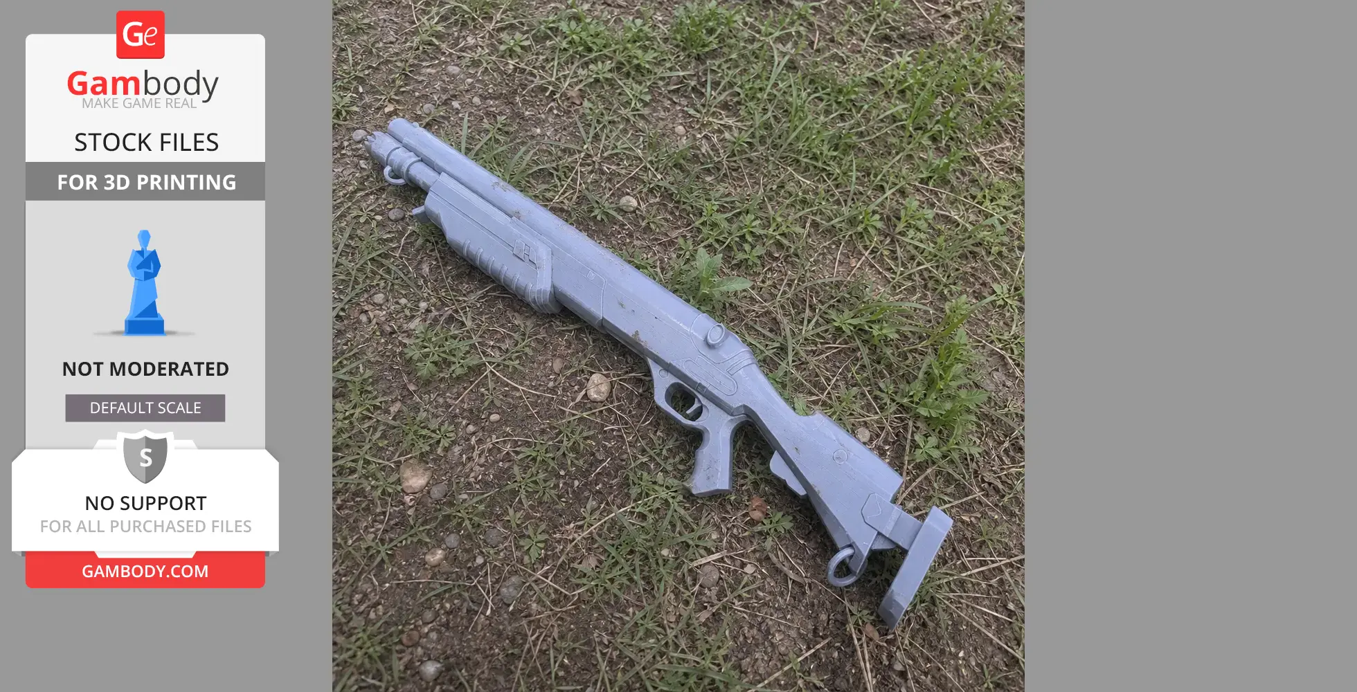 A 3D-printed cyberpunk-style rifle prop on grass, designed for cosplay use.