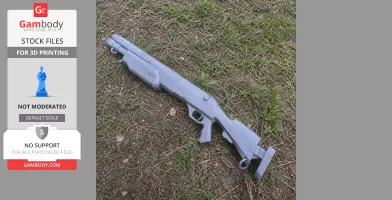 A 3D-printed cyberpunk-style rifle prop on grass, designed for cosplay use.
