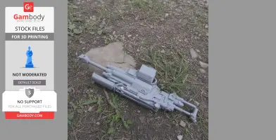 3D-printed prop gun from Cyberpunk 2077 on ground, detailed design for cosplay.