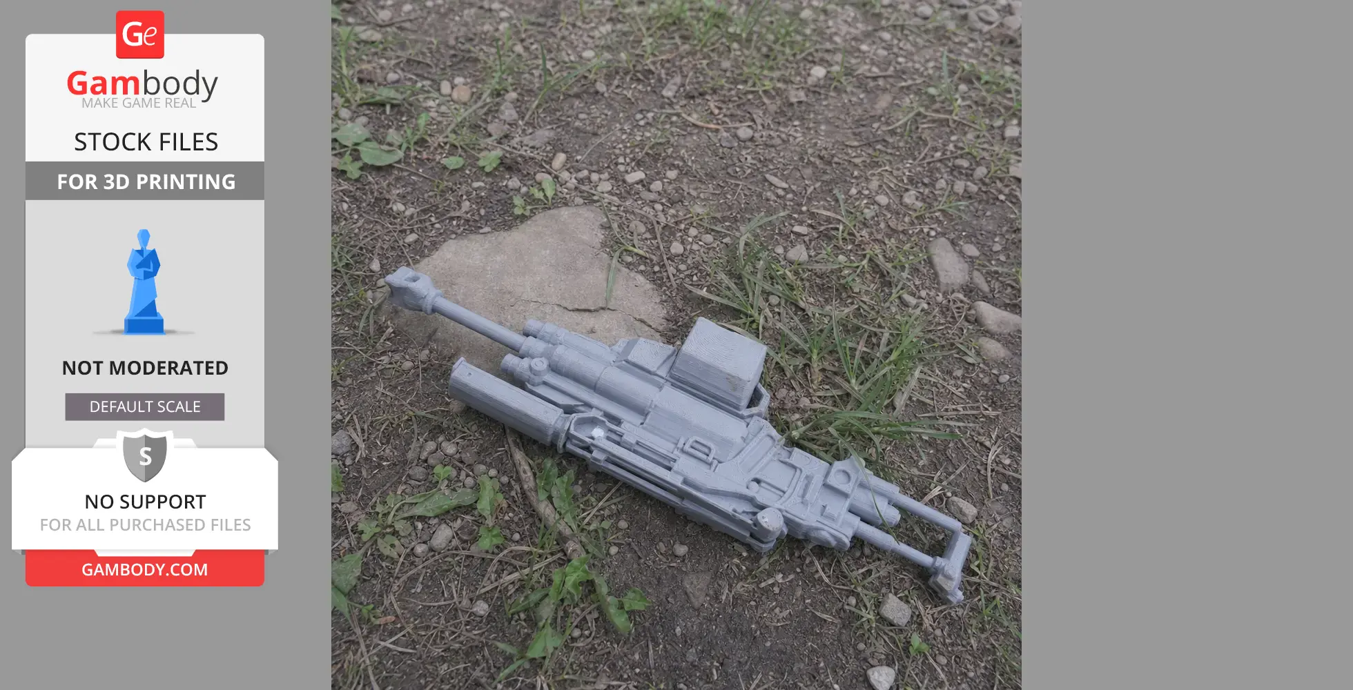 3D-printed prop gun from Cyberpunk 2077 on ground, detailed design for cosplay.