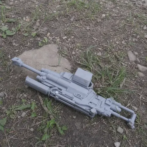 Futuristic rifle prop model for cosplay, resembling cyberpunk design, placed on grass and dirt.