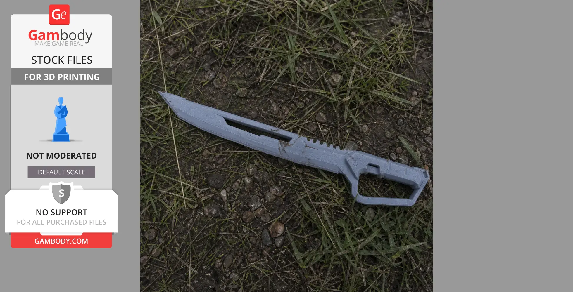 Futuristic machete prop from Cyberpunk 2077 on grass, ready for 3D printing.