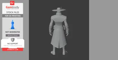 A 3D model of a character in a long coat and wide-brim hat, viewed from the back, ready for printing.