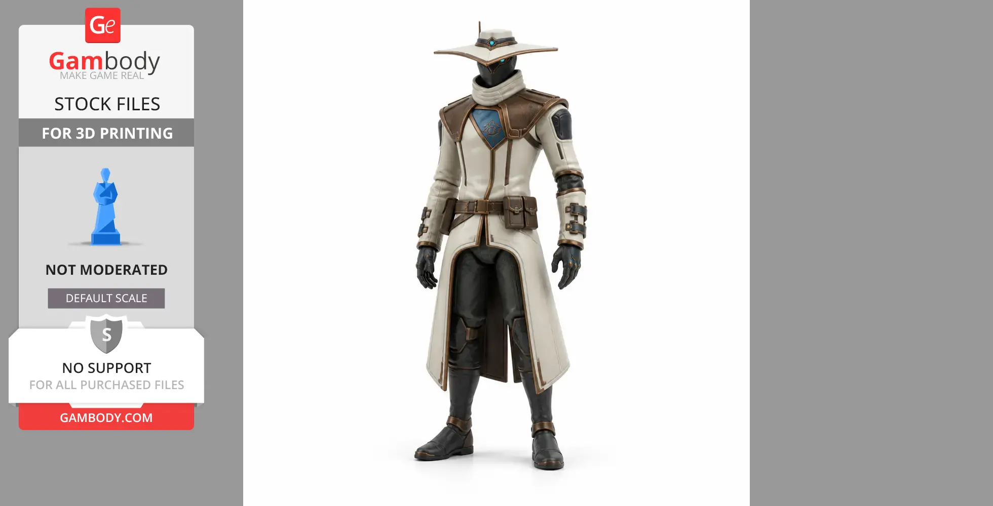 A sleek armored figure with a long coat and wide-brimmed hat, designed for 3D printing.