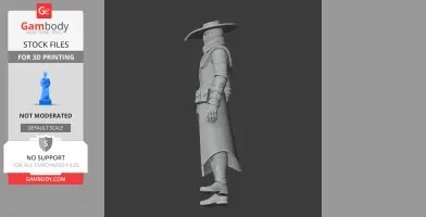 A detailed 3D model of a cloaked character with a wide-brimmed hat, designed for 3D printing.