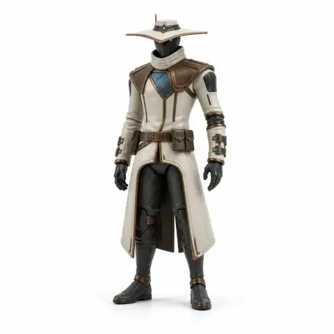 Masked figure in a long coat with a wide-brimmed hat and gloves, ready for 3D printing.