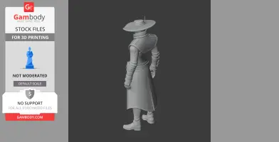 A 3D model of a character in a coat and wide-brimmed hat, viewed from the back.