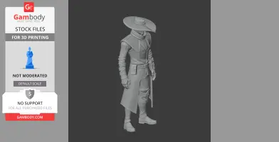A 3D model of a cloaked character in a wide-brimmed hat, designed for 3D printing.