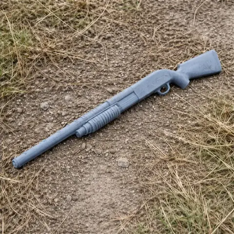 A 3D-printed gray Mossberg 535 ATS cosplay prop gun lies on a patch of dirt and grass.