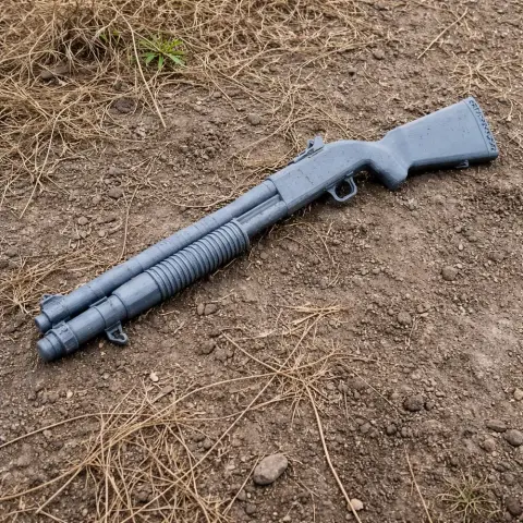 A 3D-printed gray Mossberg 590A1 cosplay prop lies on dry, textured ground.