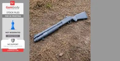 A 3D-printed Mossberg 590A1 prop gun lies on dirt and dry grass.