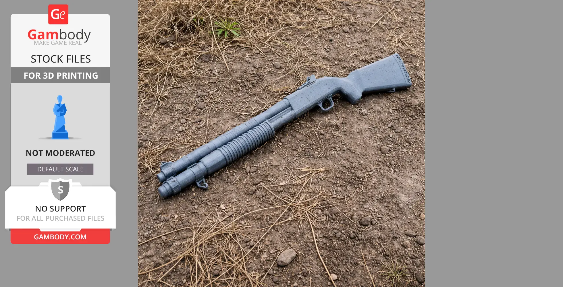 A 3D-printed Mossberg 590A1 prop gun lies on dirt and dry grass.